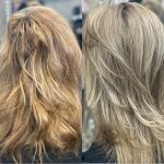 Close-up before and after photo of woman's hair