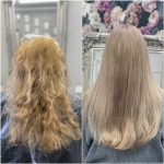 Close-up before and after photo of woman's hair