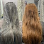 Close-up before and after photo of woman's hair