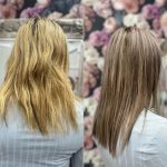 Close-up before and after photo of woman's hair
