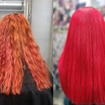 Close-up before and after photo of woman's red hair